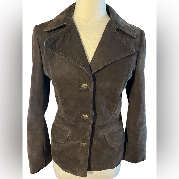 Select Leather Jackets & Blazers - Vintage Bohemian Brown Suede Fitted Jacket w/pockets & decorative Buttons Size S